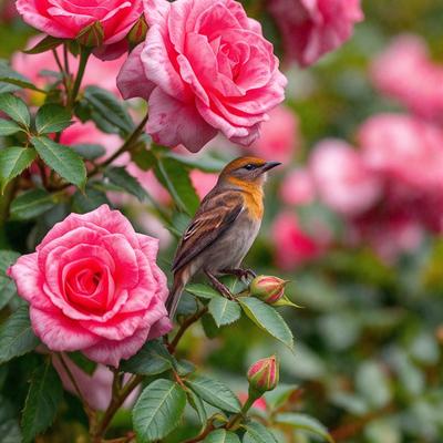 The primary subject of the image is a small bird perched on a branch surrounded by pink flowers. The setting is a garden with a variety of pink flowers, creating a beautiful and serene atmosphere. The visual style of the image is a close-up of the bird on the branch, showcasing the details of the bird and the flowers. The colors and mood of the image are predominantly pink, which adds a sense of warmth and tranquility to the scene.